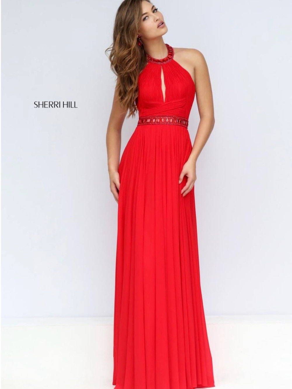 Sherri Hill 50089 Red Beaded Halter Gown | Worn Once | Size 8